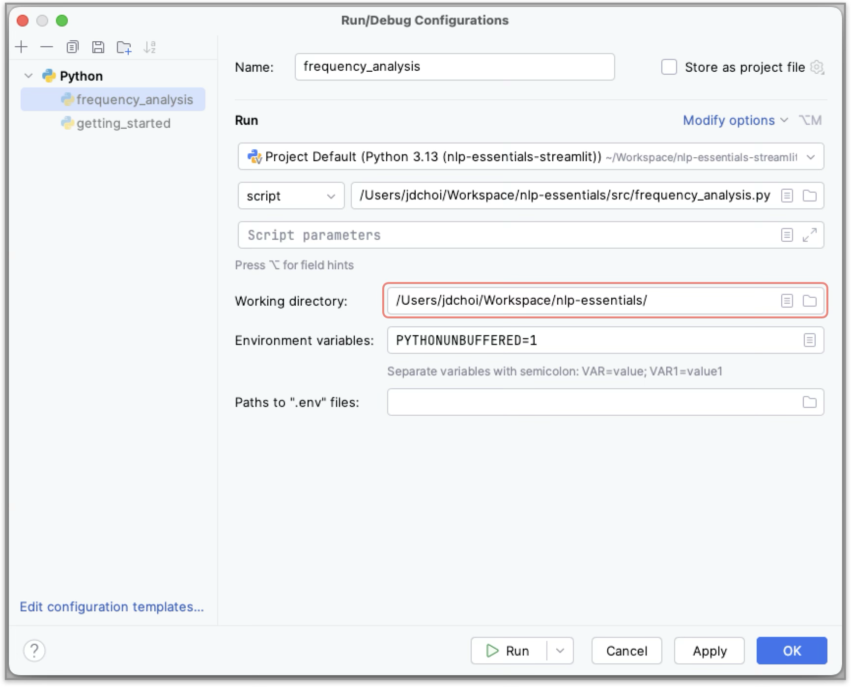 Configure the working directory